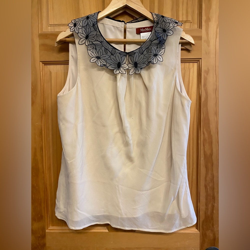 MaxMara Cream Sleeveless Top with Floral Collar